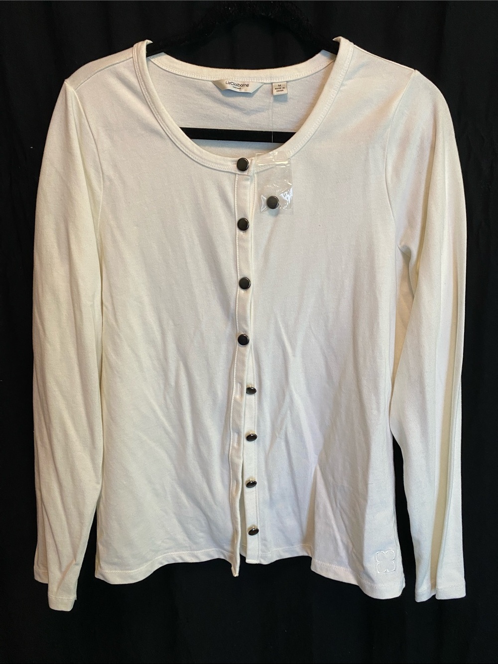 Liz Claiborne Cotton White Long-Sleeve Button Front Top
